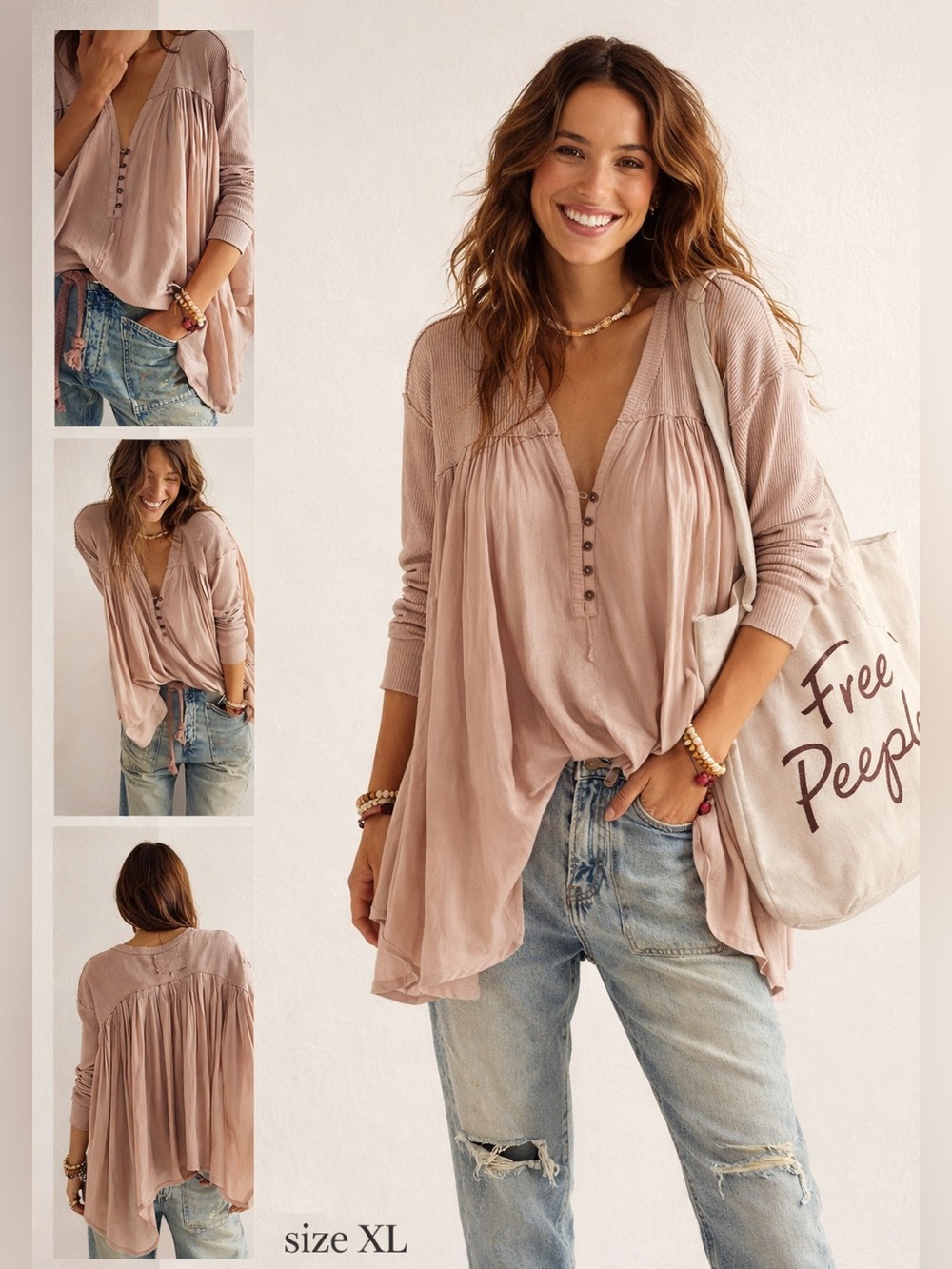 Free People oversized Dusty Blush Flowy Henley Tunic